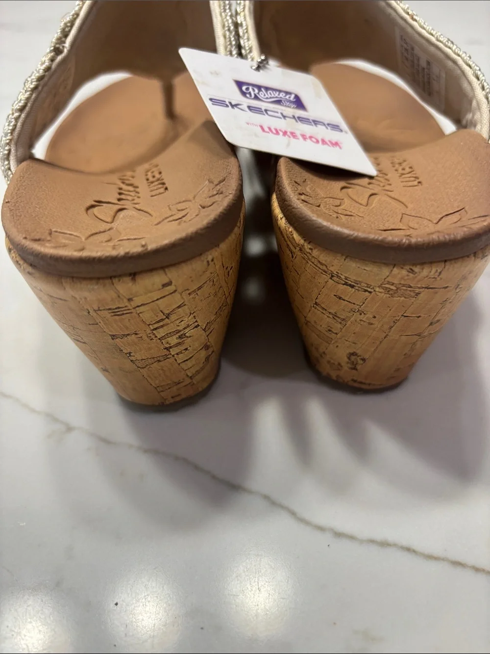 Skechers Silver Beaded Cork-Look Wedge Thong Sandals